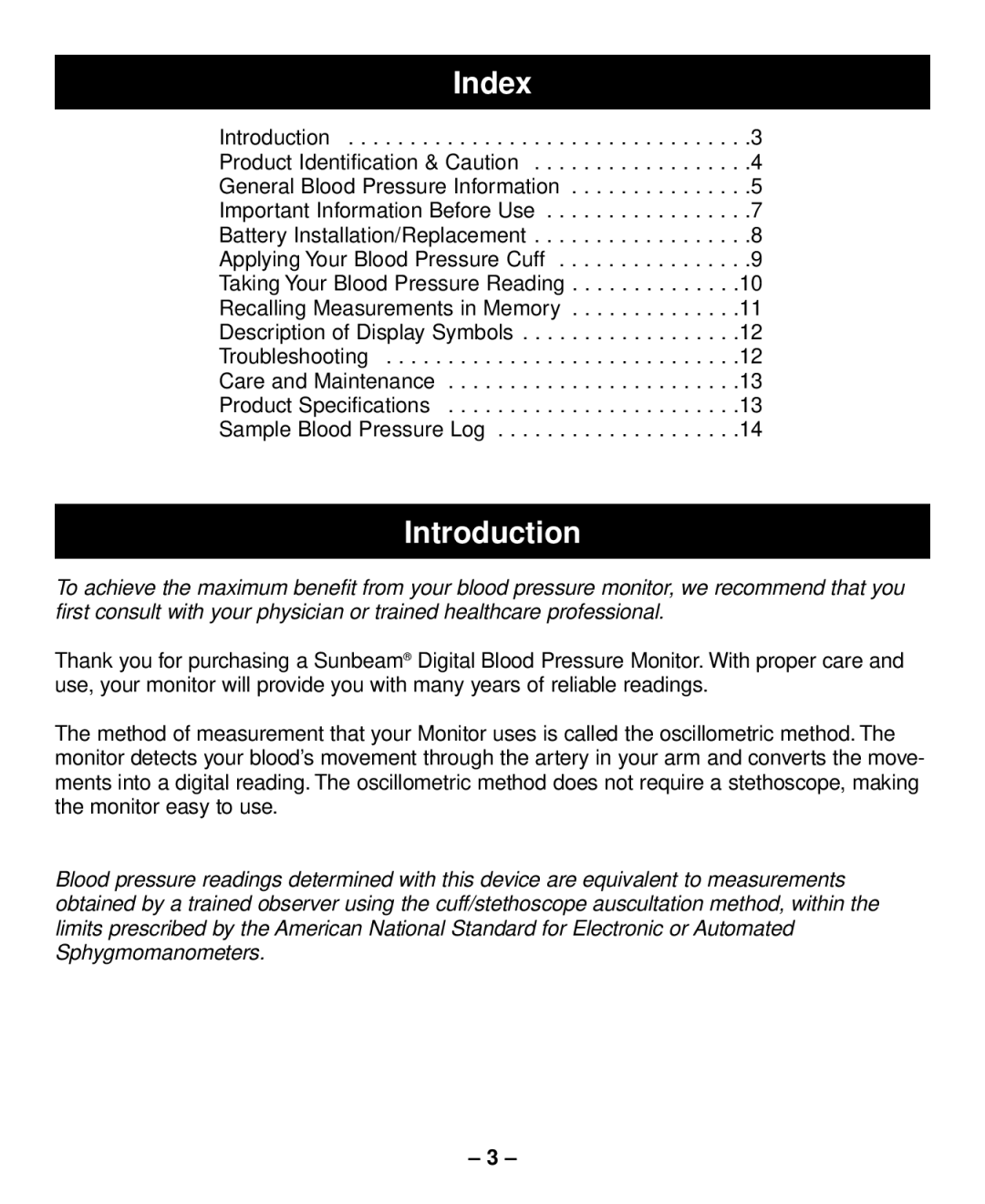 Sunbeam Semi-Automatic Blood Pressure Monitor with Memory instruction manual Index, Introduction 