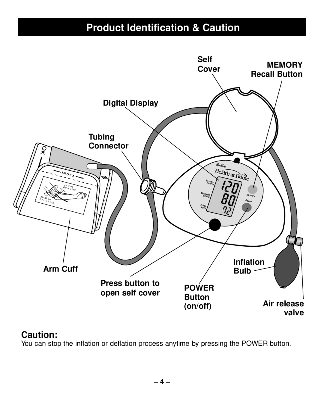 Sunbeam Semi-Automatic Blood Pressure Monitor with Memory instruction manual Product Identification & Caution, Power 