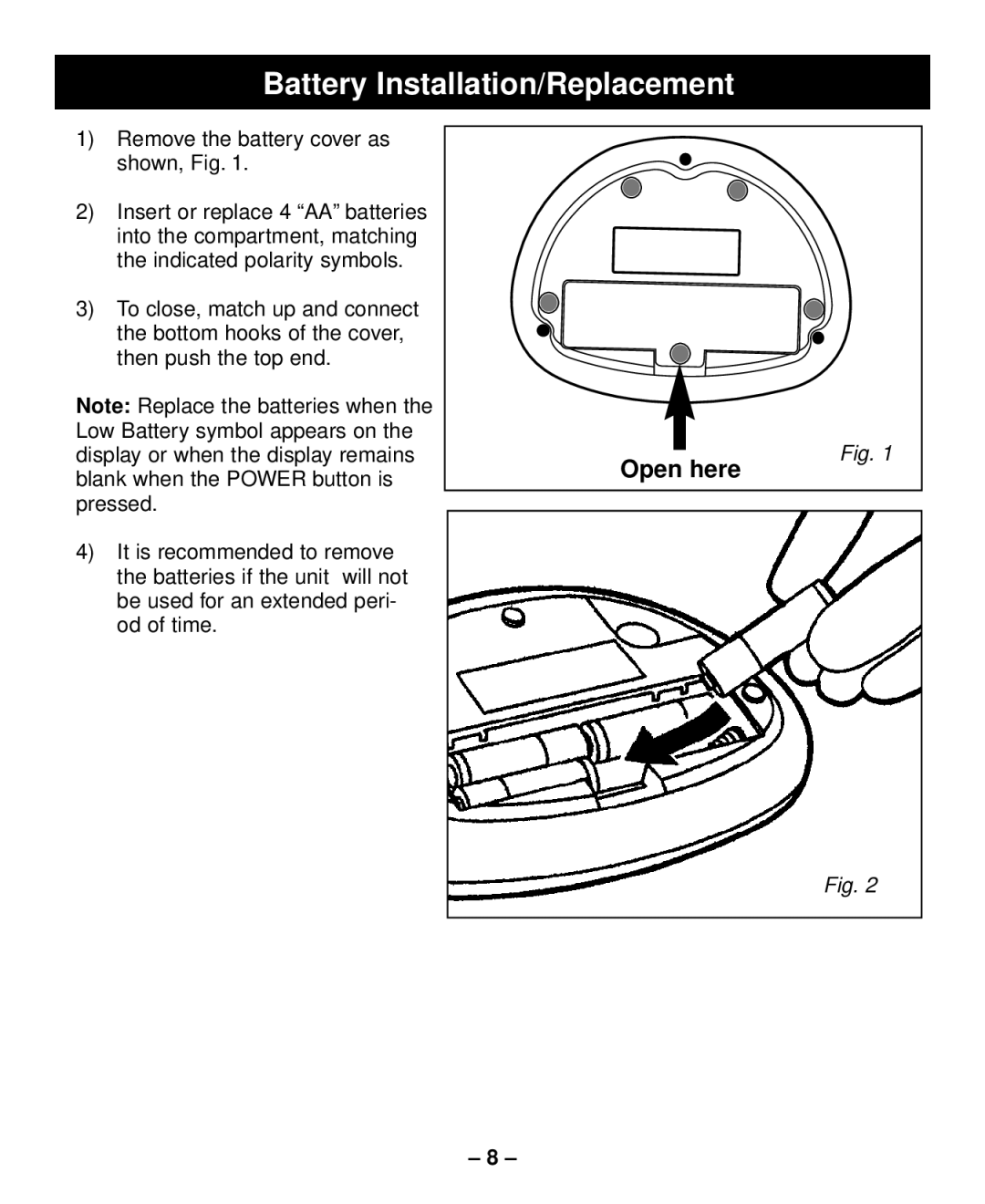 Sunbeam Semi-Automatic Blood Pressure Monitor with Memory instruction manual Battery Installation/Replacement 