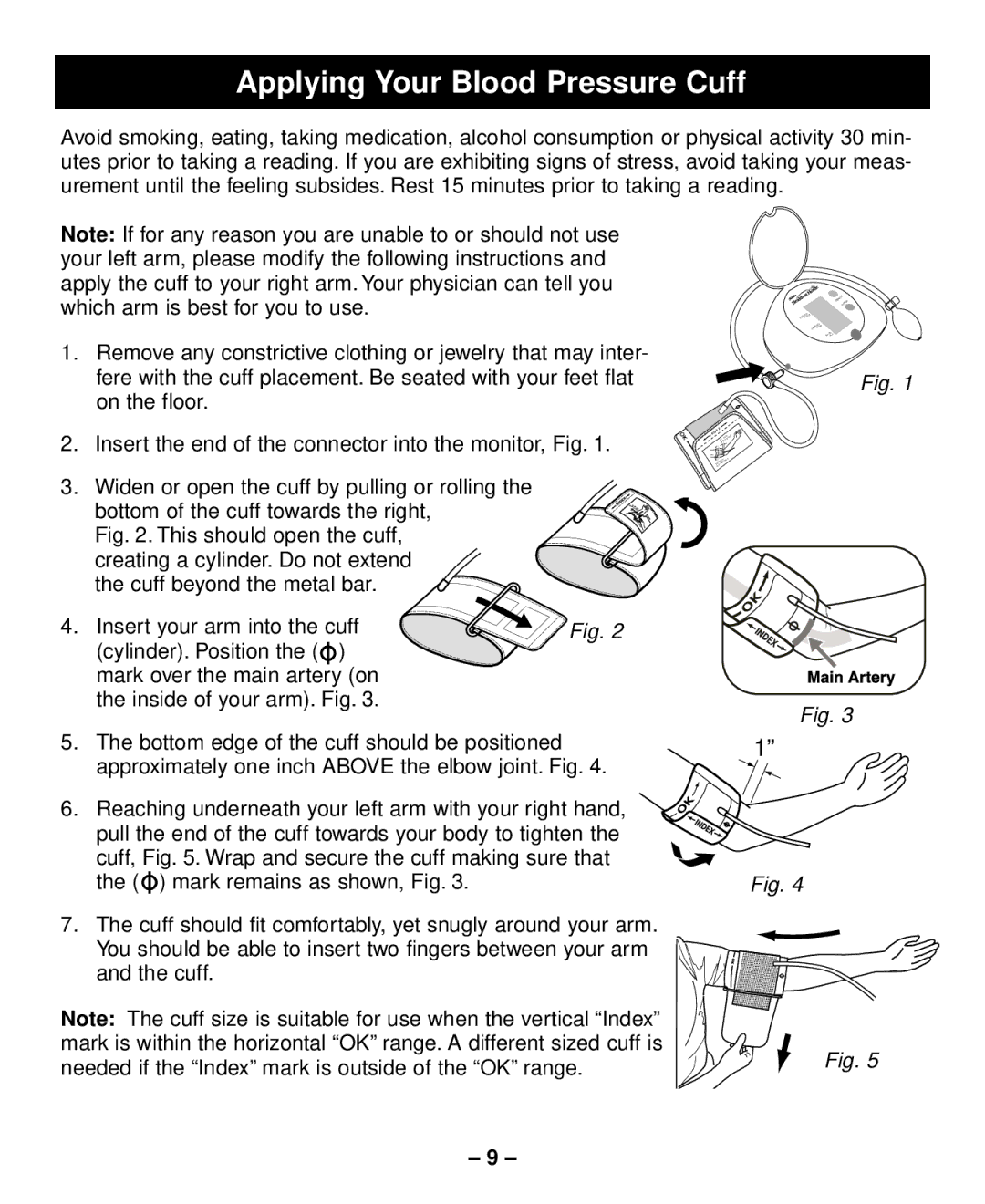 Sunbeam Semi-Automatic Blood Pressure Monitor with Memory instruction manual Applying Your Blood Pressure Cuff 