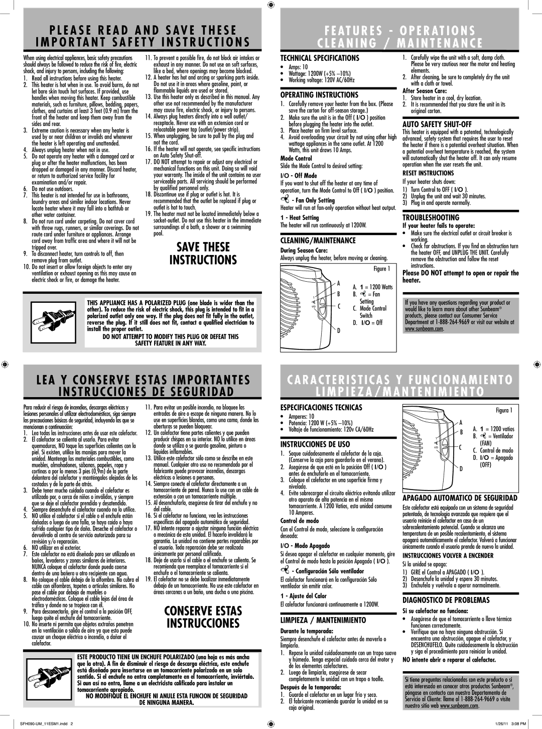 Sunbeam SFH090 warranty Technical Specifications, Operating Instructions, Cleaning/Maintenance, Auto Safety SHUT-OFF 