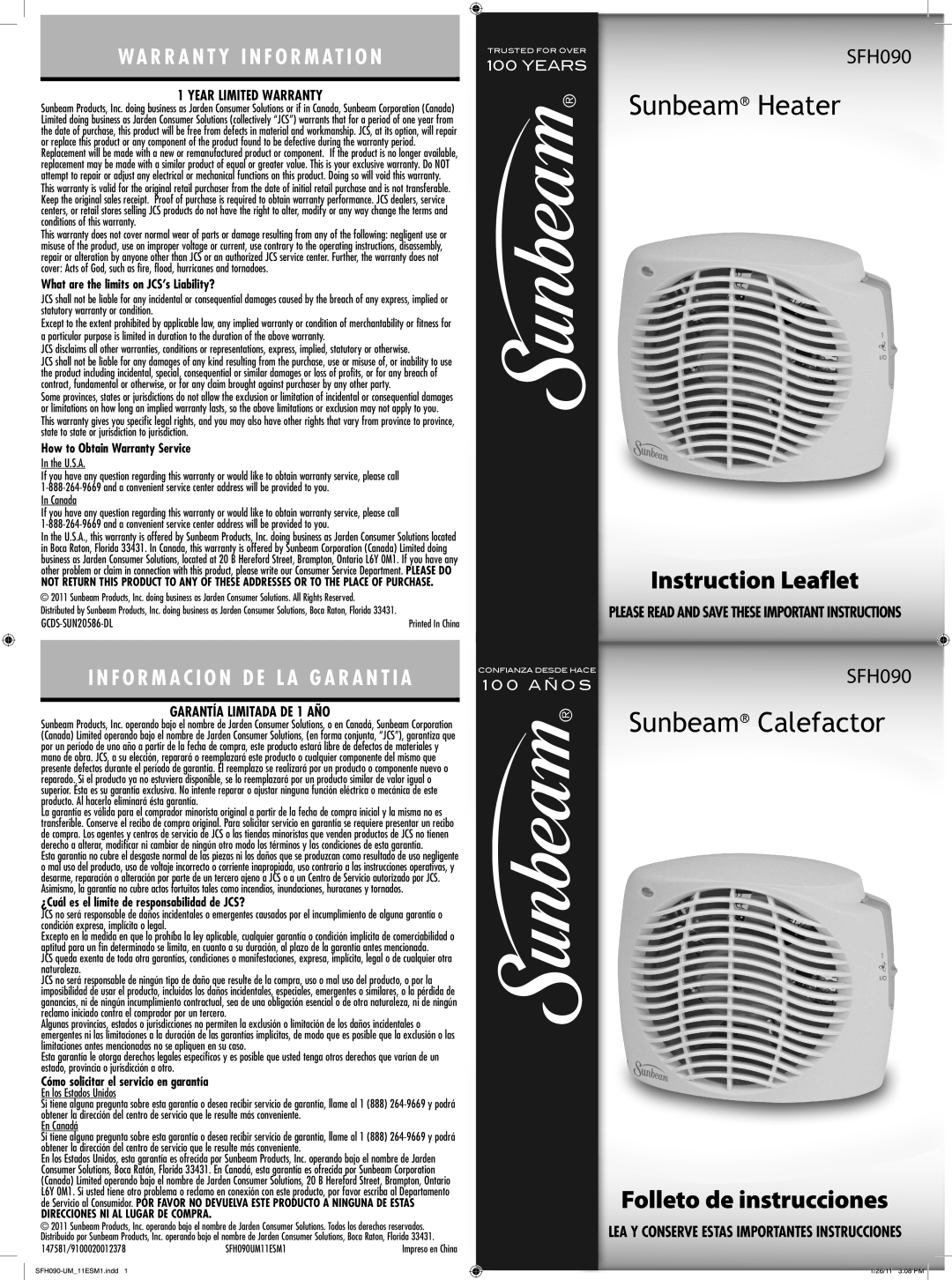 Sunbeam SFH090 warranty Sunbeam Heater, Sunbeam Calefactor, Instruction Leaflet, Folleto de instrucciones, Years, 100 AÑOS 