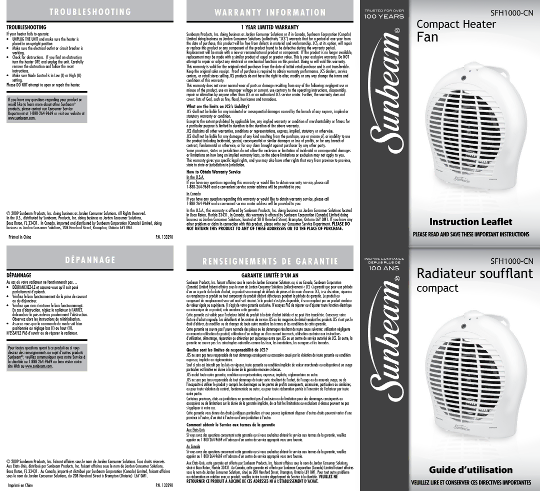 Sunbeam 133290, SFH1000-CN warranty Troubleshooting, Year Limited Warranty, Dépannage, Garantie Limitée D’UN AN 