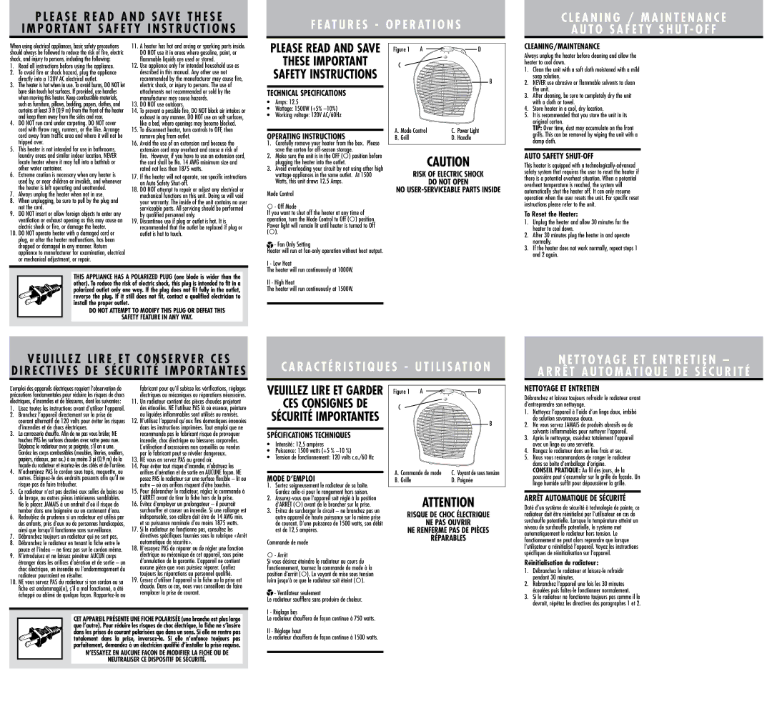 Sunbeam SFH1000-CN, 133290 warranty Operating Instructions, Mode D’EMPLOI, Nettoyage ET Entretien 