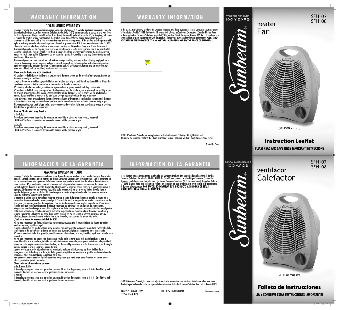 Sunbeam SFH107 warranty Year Limited Warranty, Garantía Limitada DE 1 AÑO 