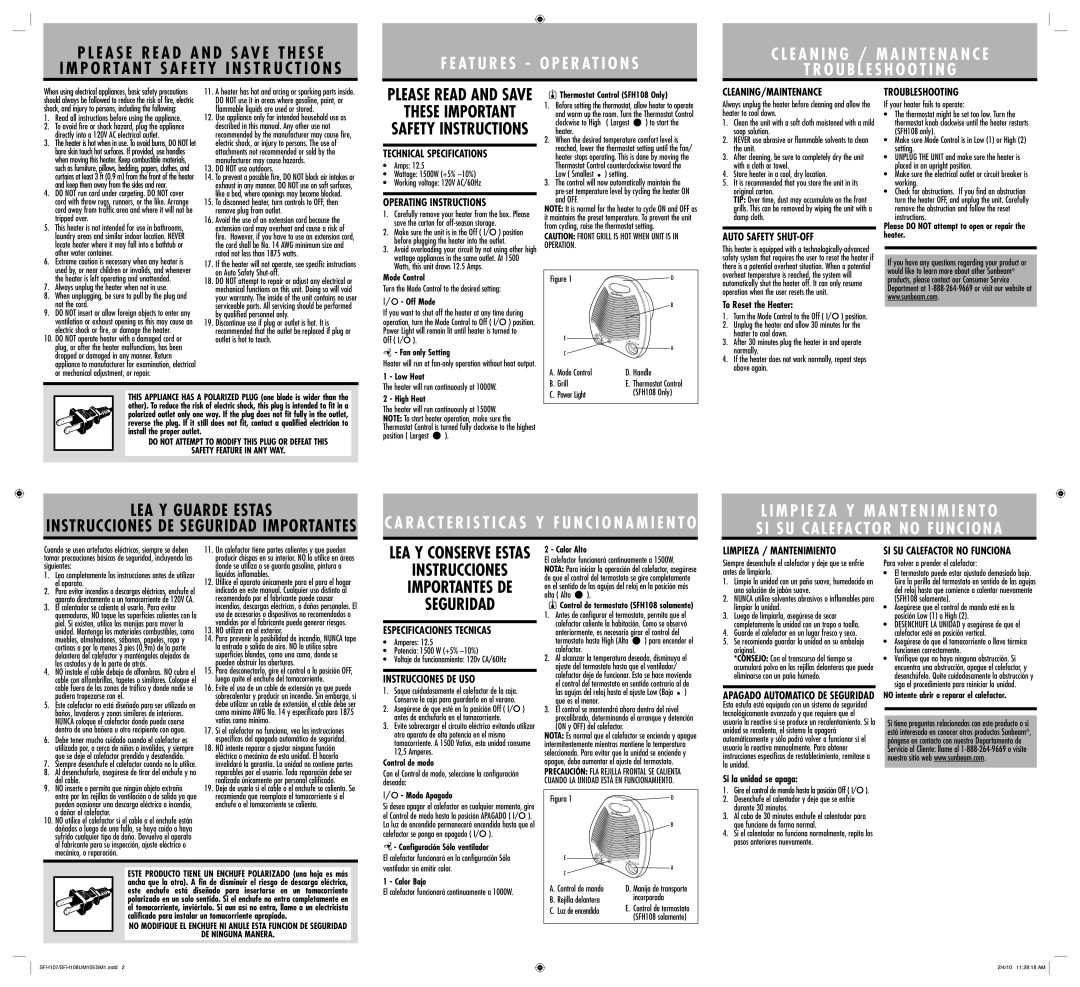 Sunbeam SFH107 warranty Technical Specifications, Operating Instructions, Cleaning/Maintenance, Auto Safety SHUT-OFF 