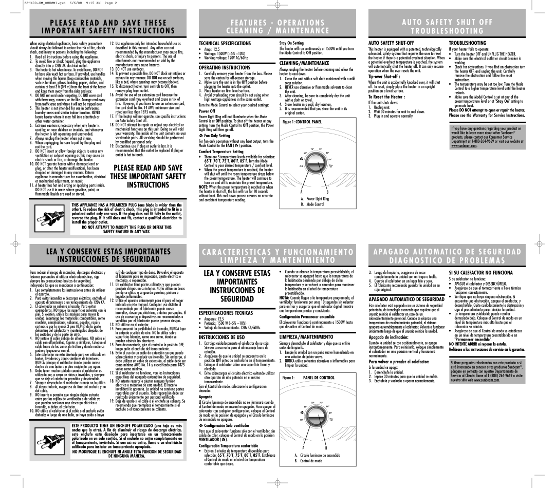 Sunbeam SFH400-UM warranty Technical Specifications, Operating Instructions, Cleaning/Maintenance, Auto Safety SHUT-OFF 