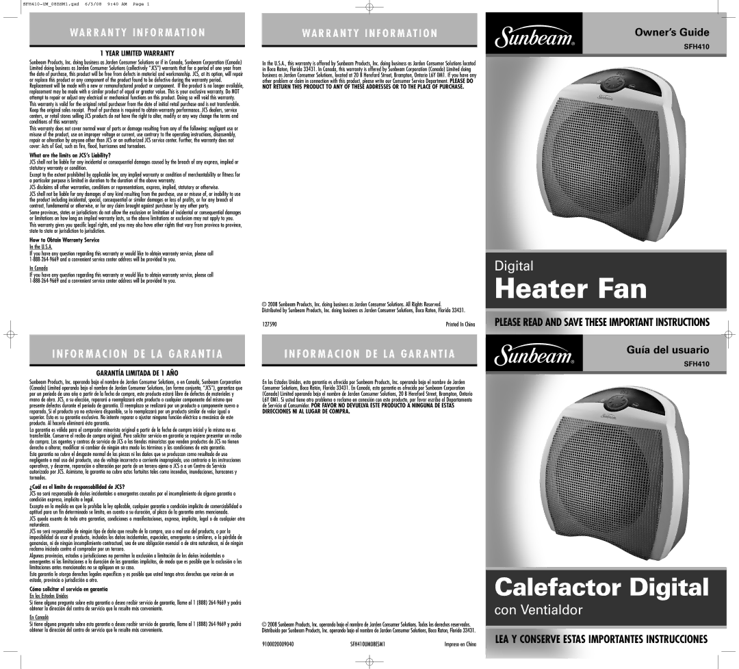 Sunbeam SFH410UM08ESM1, 9100020009040 warranty Year Limited Warranty, Garantía Limitada DE 1 AÑO 