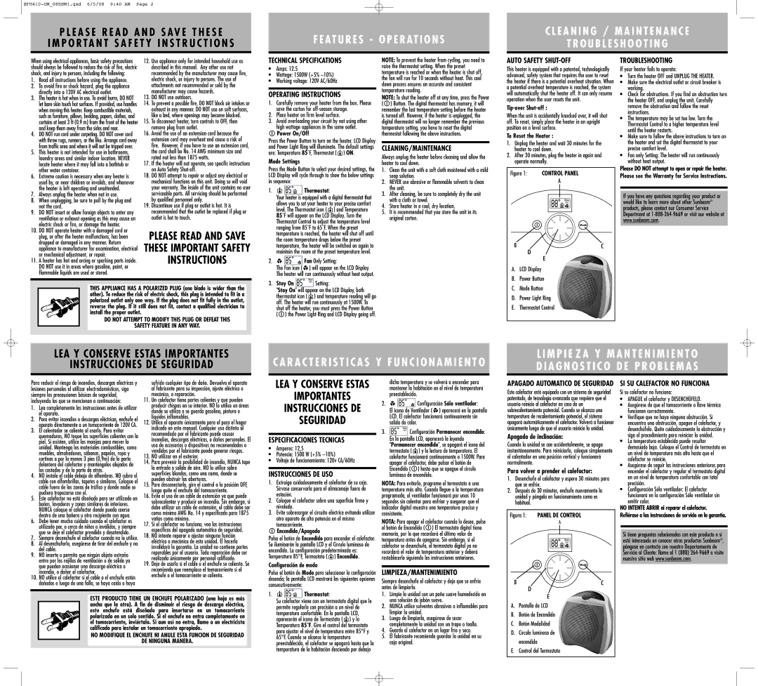 Sunbeam 9100020009040, SFH410 Technical Specifications, Operating Instructions, Cleaning/Maintenance, Auto Safety SHUT-OFF 