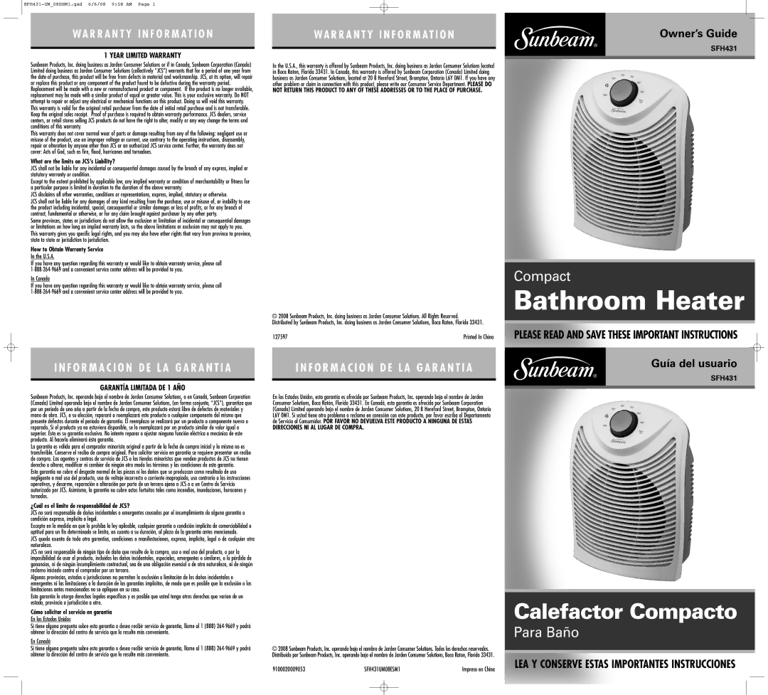 Sunbeam SFH431-UM warranty Year Limited Warranty, Garantía Limitada DE 1 AÑO 