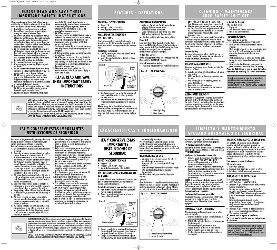 Sunbeam SFH431-UM Technical Specifications, Wall Mount Installation Instructions, Operating Instructions, Troubleshooting 