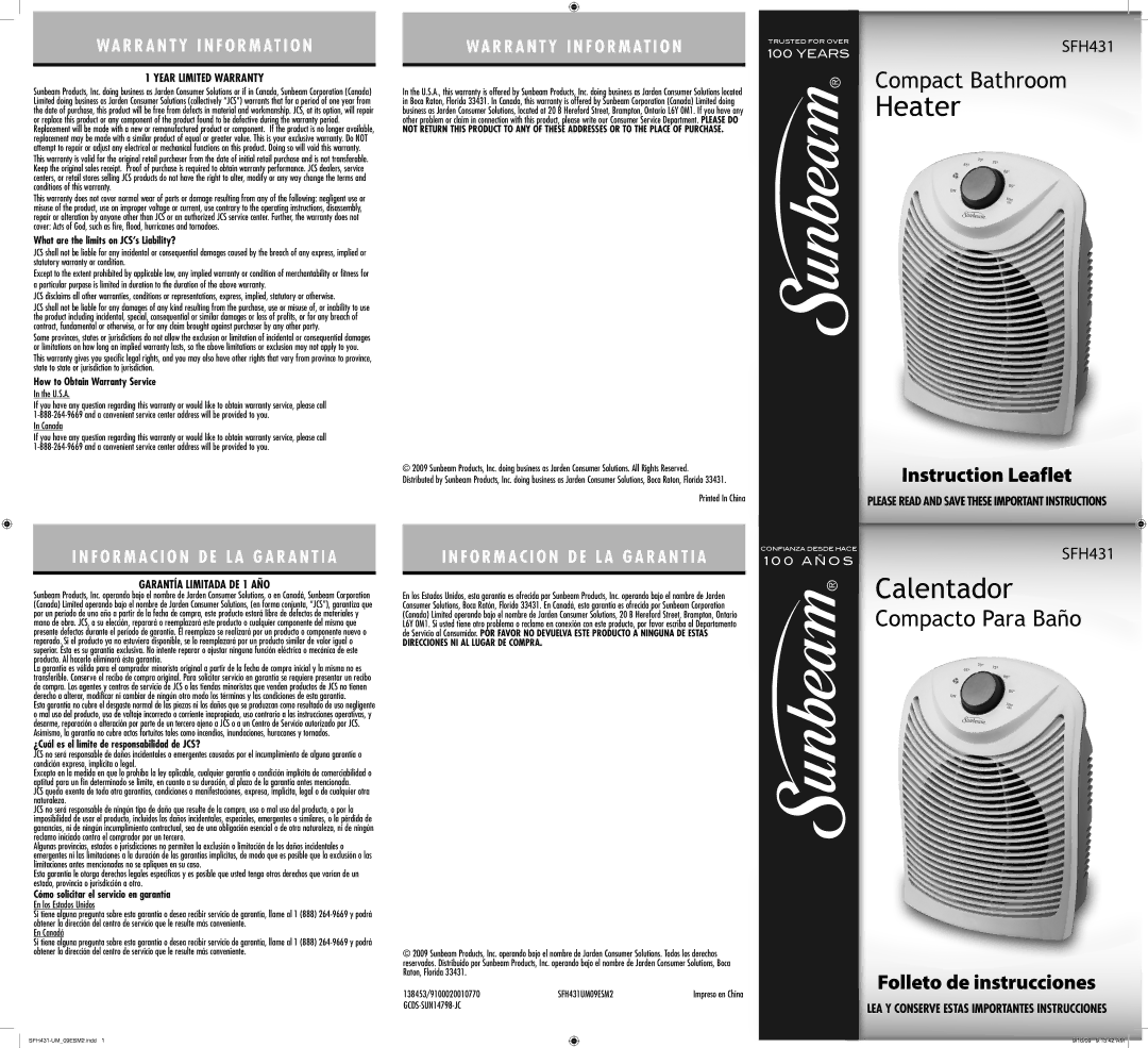 Sunbeam sfh431 warranty Year Limited Warranty, Garantía Limitada DE 1 AÑO 