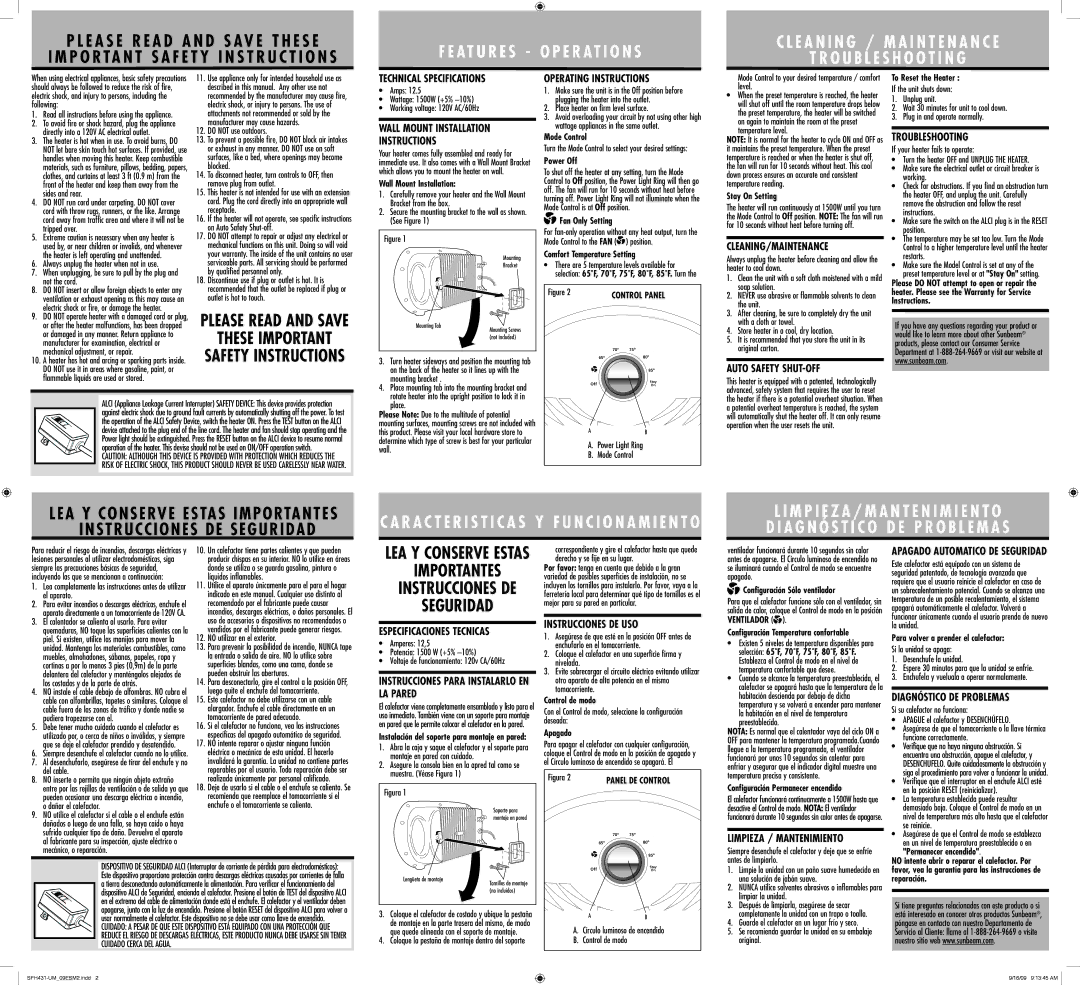 Sunbeam sfh431 Technical Specifications, Wall Mount Installation Instructions, Operating Instructions, Troubleshooting 