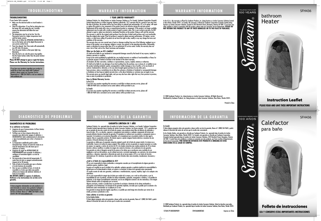 Sunbeam SFH436-UM warranty Troubleshooting, Year Limited Warranty, Diagnóstico DE Problemas, Garantía Limitada DE 1 AÑO 