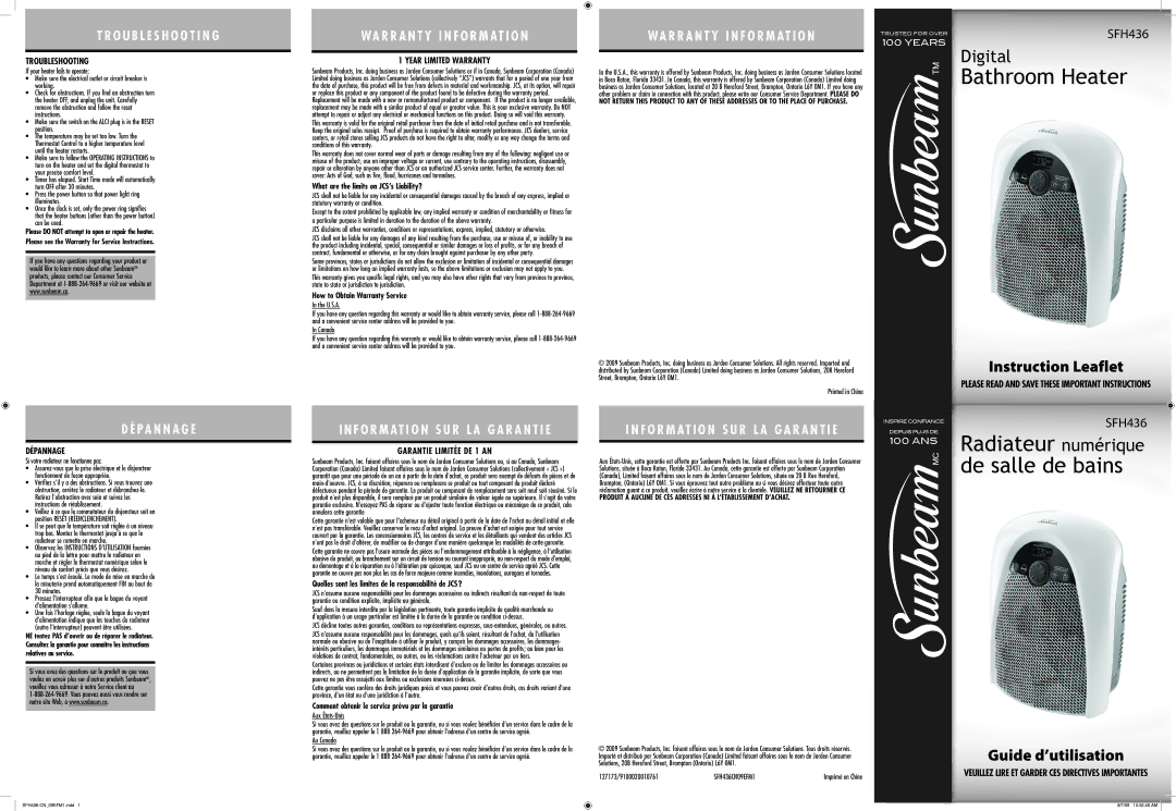 Sunbeam SFH436 warranty Troubleshooting, Dépannage, Year Limited Warranty, Garantie Limitée DE 1 AN 