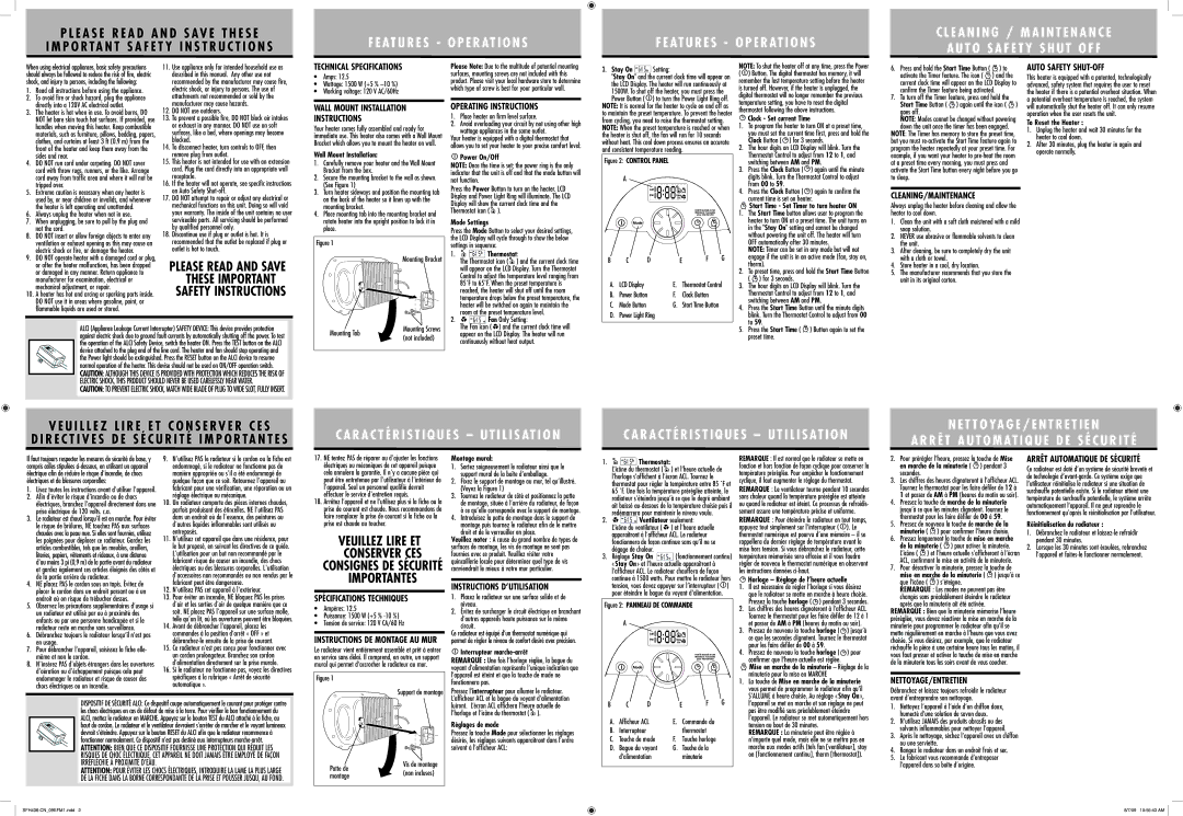 Sunbeam SFH436 Technical Specifications, Auto Safety SHUT-OFF, Wall Mount Installation Instructions, Cleaning/Maintenance 