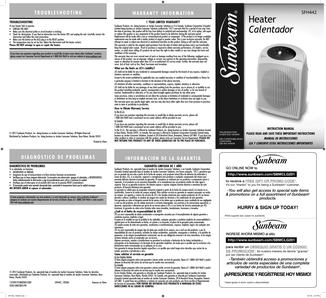 Sunbeam SFH442 warranty Troubleshooting, Year Limited Warranty, Diagnóstico DE Problemas, Garantía Limitada DE 1 AÑO 