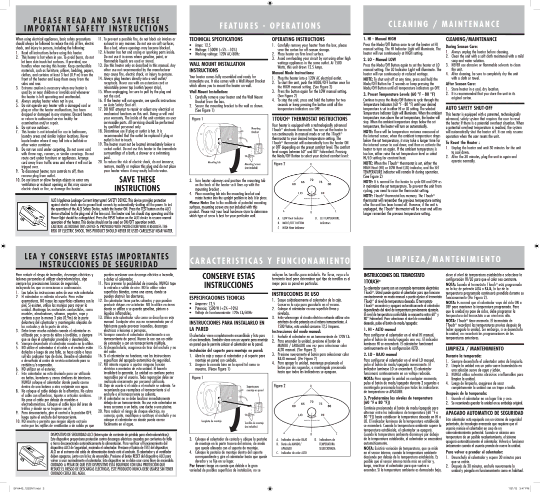 Sunbeam SFH442 warranty Technical Specifications, Wall Mount Installation Instructions, Operating Instructions 