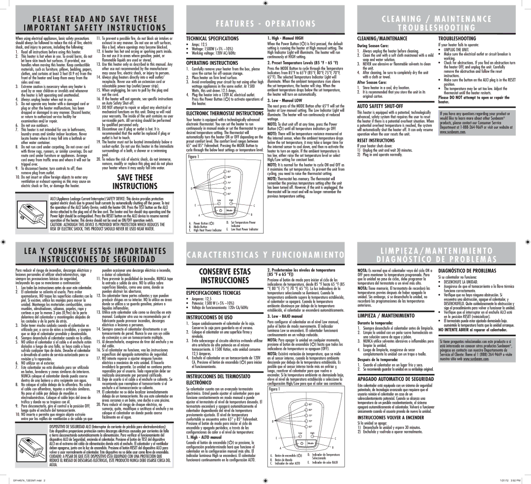 Sunbeam sfh457a warranty Technical Specifications, Operating Instructions, Cleaning/Maintenance, Auto Safety SHUT-OFF 