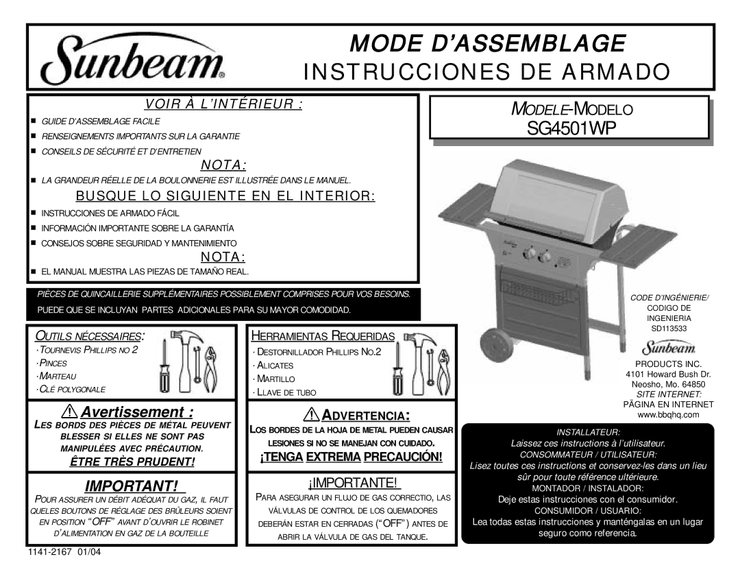 Sunbeam SG4501WP warranty Mode D’ASSEMBLAGE 