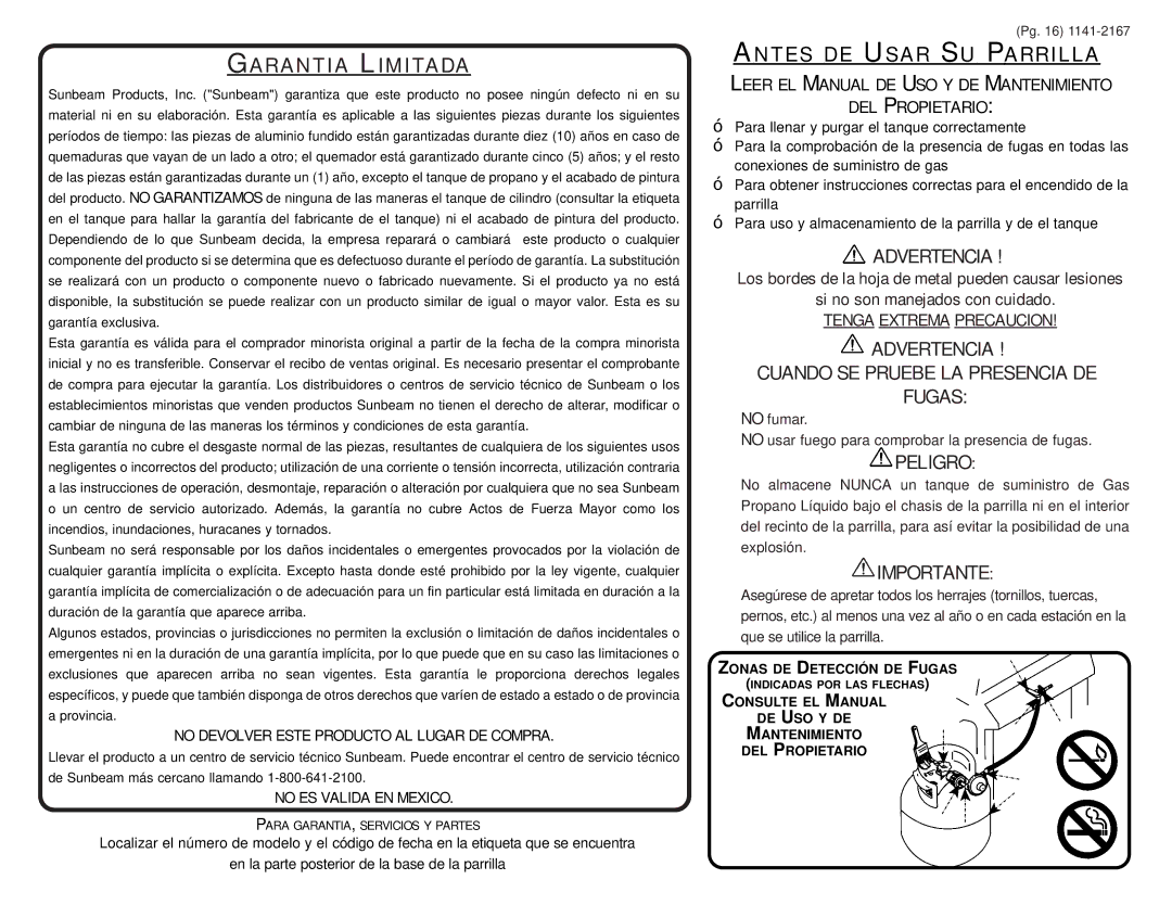 Sunbeam SG4501WP warranty Garantia Limitada, Leer EL Manual DE USO Y DE Mantenimiento DEL Propietario 