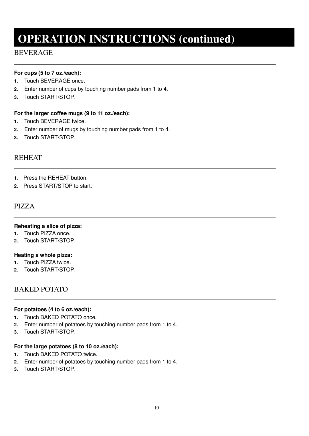 Sunbeam SGA9901 manual Beverage, Reheat, Pizza, Baked Potato 