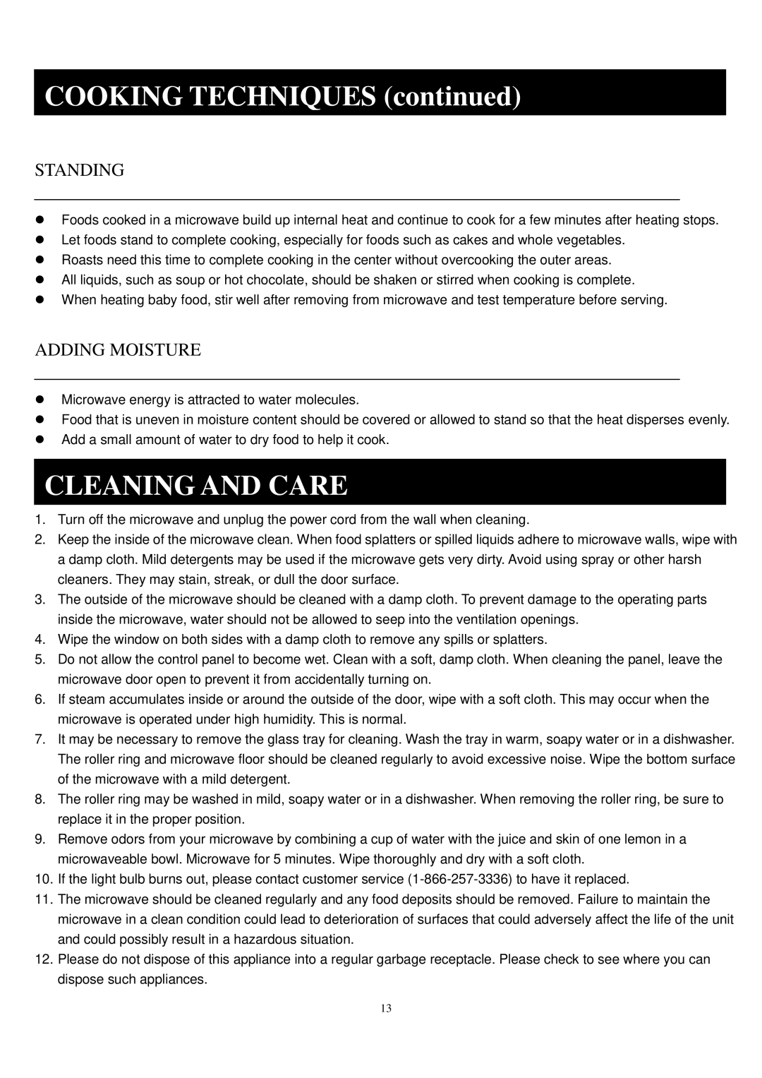 Sunbeam SGA9901 manual Cooking Techniques, Cleaning and Care, Standing, Adding Moisture 