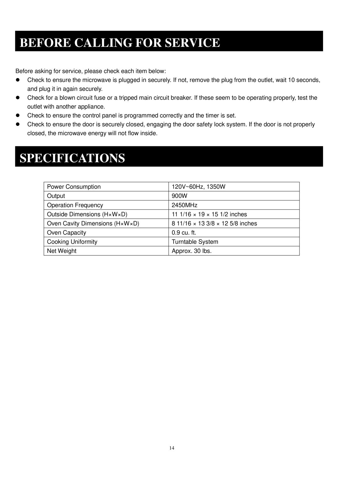 Sunbeam SGA9901 manual Before Calling for Service, Specifications 