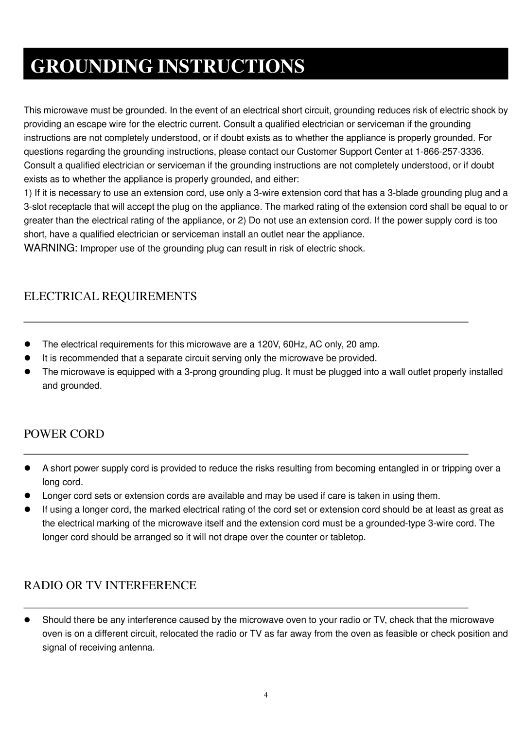 Sunbeam SGA9901 manual Grounding Instructions, Electrical Requirements, Power Cord, Radio or TV Interference 