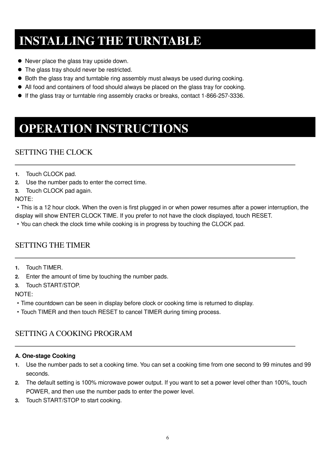 Sunbeam SGA9901 manual Installing the Turntable, Operation Instructions, Setting the Clock, Setting the Timer 