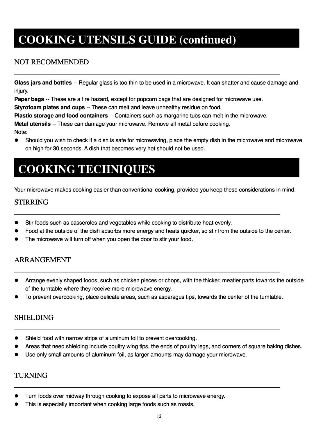 Sunbeam SGA9901 COOKING UTENSILS GUIDE continued, Cooking Techniques, Not Recommended, Stirring, Arrangement, Shielding 