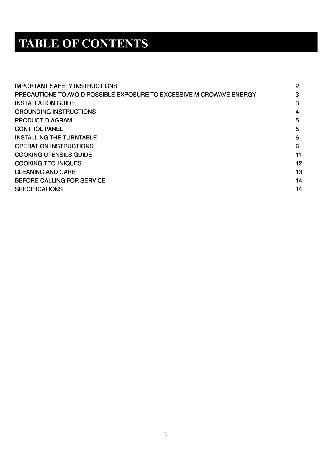 Sunbeam SGA9901 manual Table Of Contents 