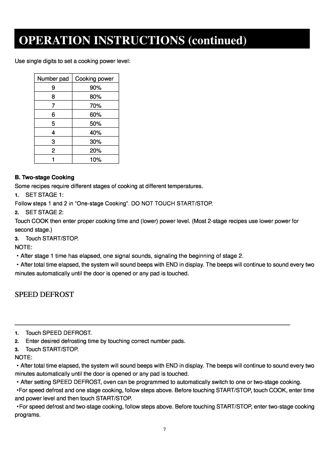 Sunbeam SGA9901 manual OPERATION INSTRUCTIONS continued, Speed Defrost, B. Two-stageCooking 