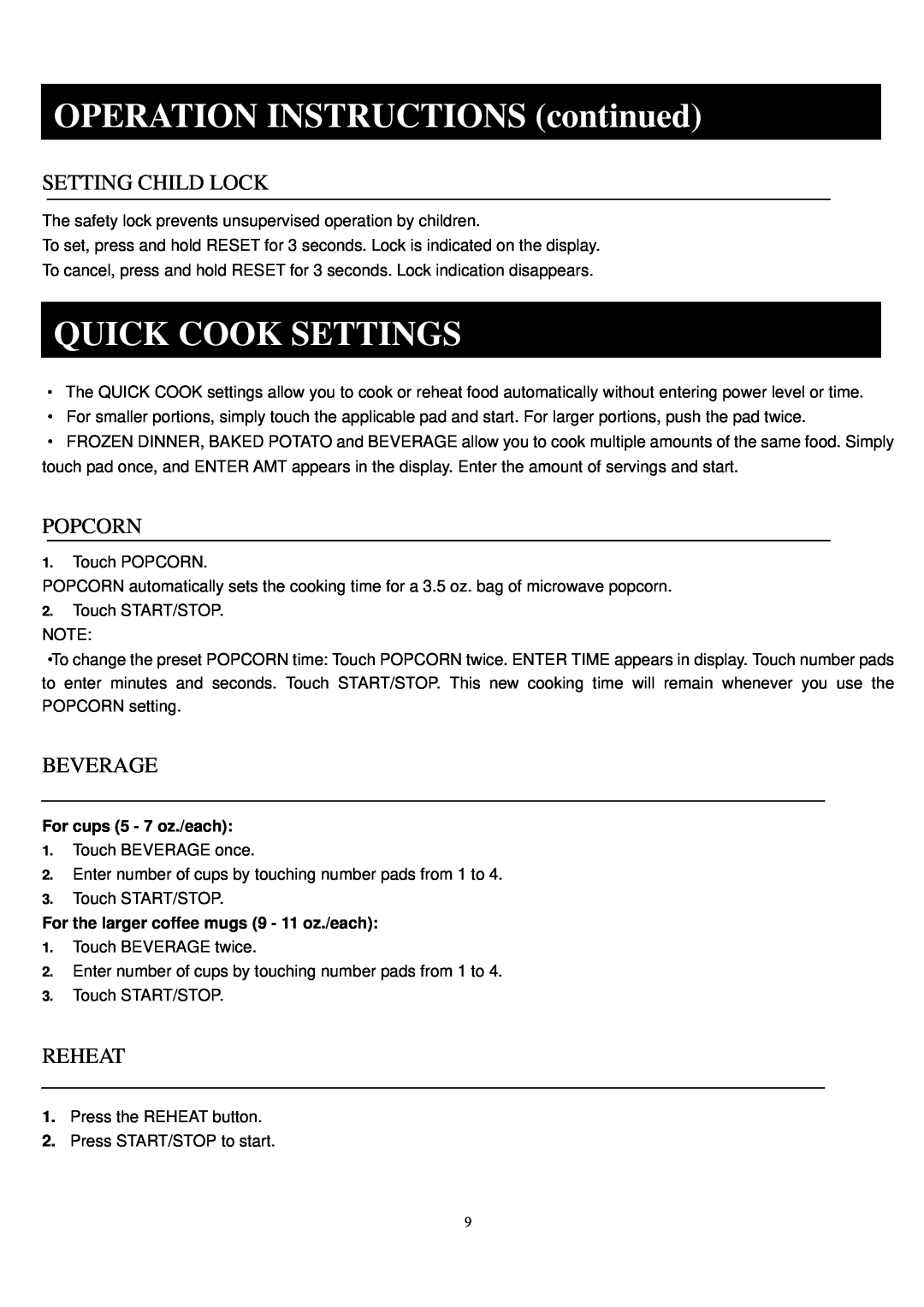 Sunbeam SGC7701 manual Quick Cook Settings, Setting Child Lock, Popcorn, Beverage, Reheat, OPERATION INSTRUCTIONS continued 