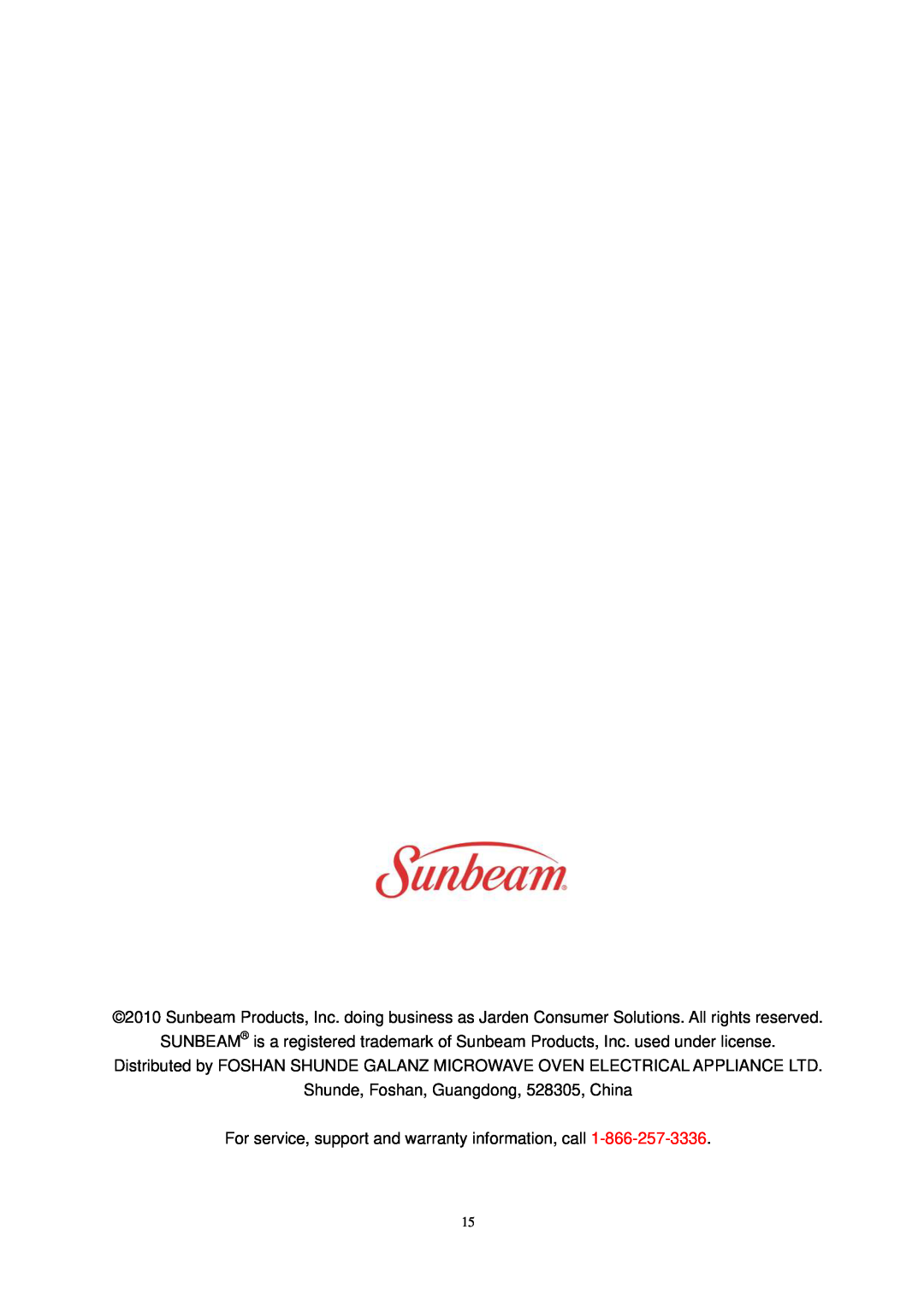 Sunbeam SGC7701 manual Shunde, Foshan, Guangdong, 528305, China 