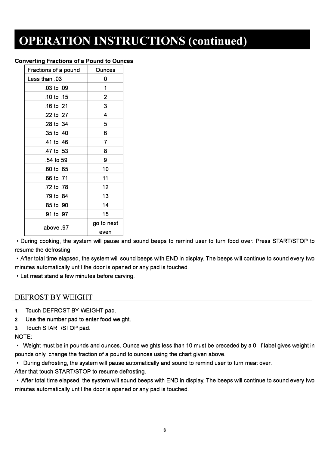 Sunbeam SGC7701 manual Defrost By Weight, OPERATION INSTRUCTIONS continued, Converting Fractions of a Pound to Ounces 