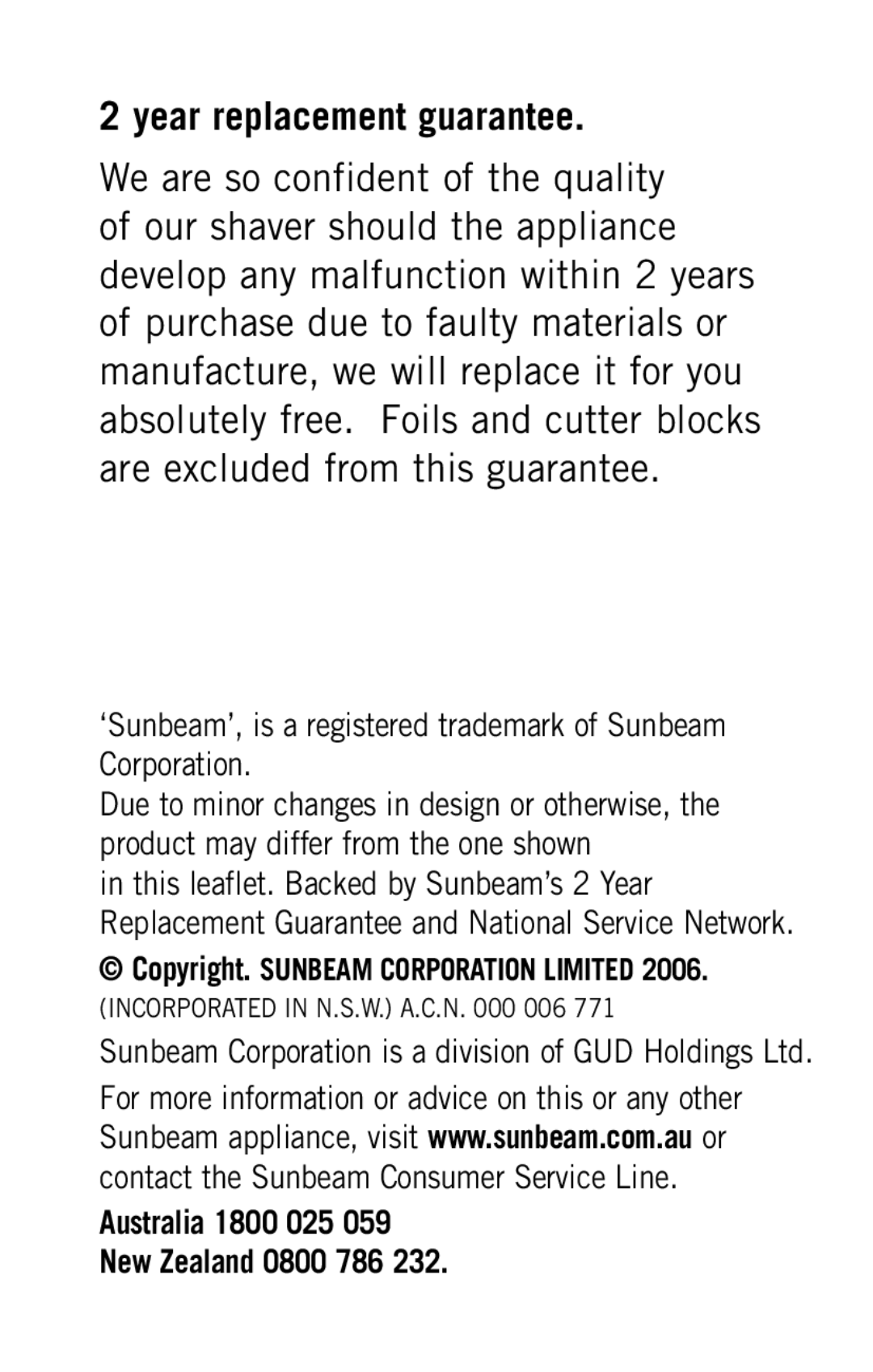 Sunbeam SH3200 manual Year replacement guarantee, ‘Sunbeam’, is a registered trademark of Sunbeam Corporation 