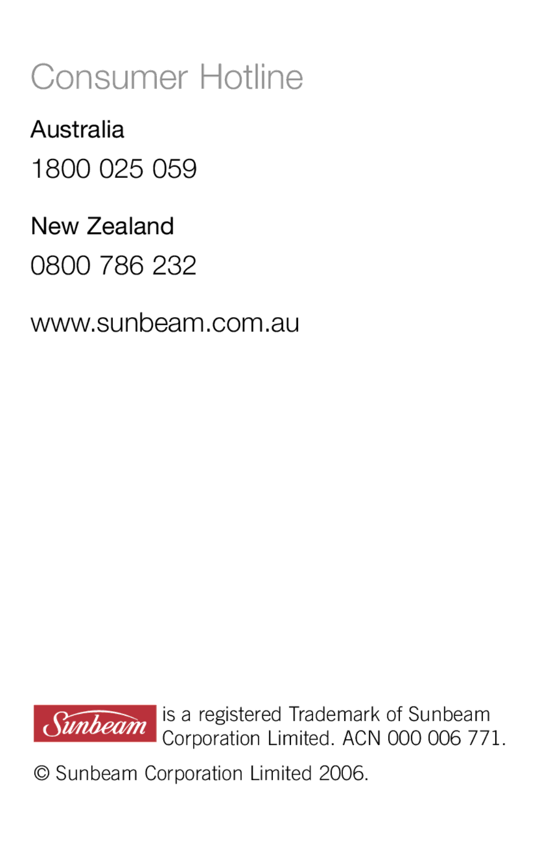 Sunbeam SH3200 manual Consumer Hotline 