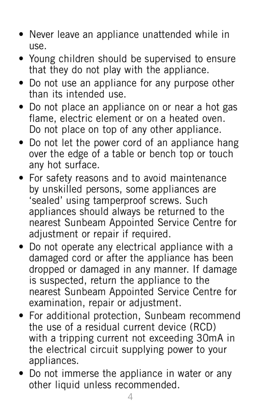 Sunbeam SH3200 manual Never leave an appliance unattended while in use 