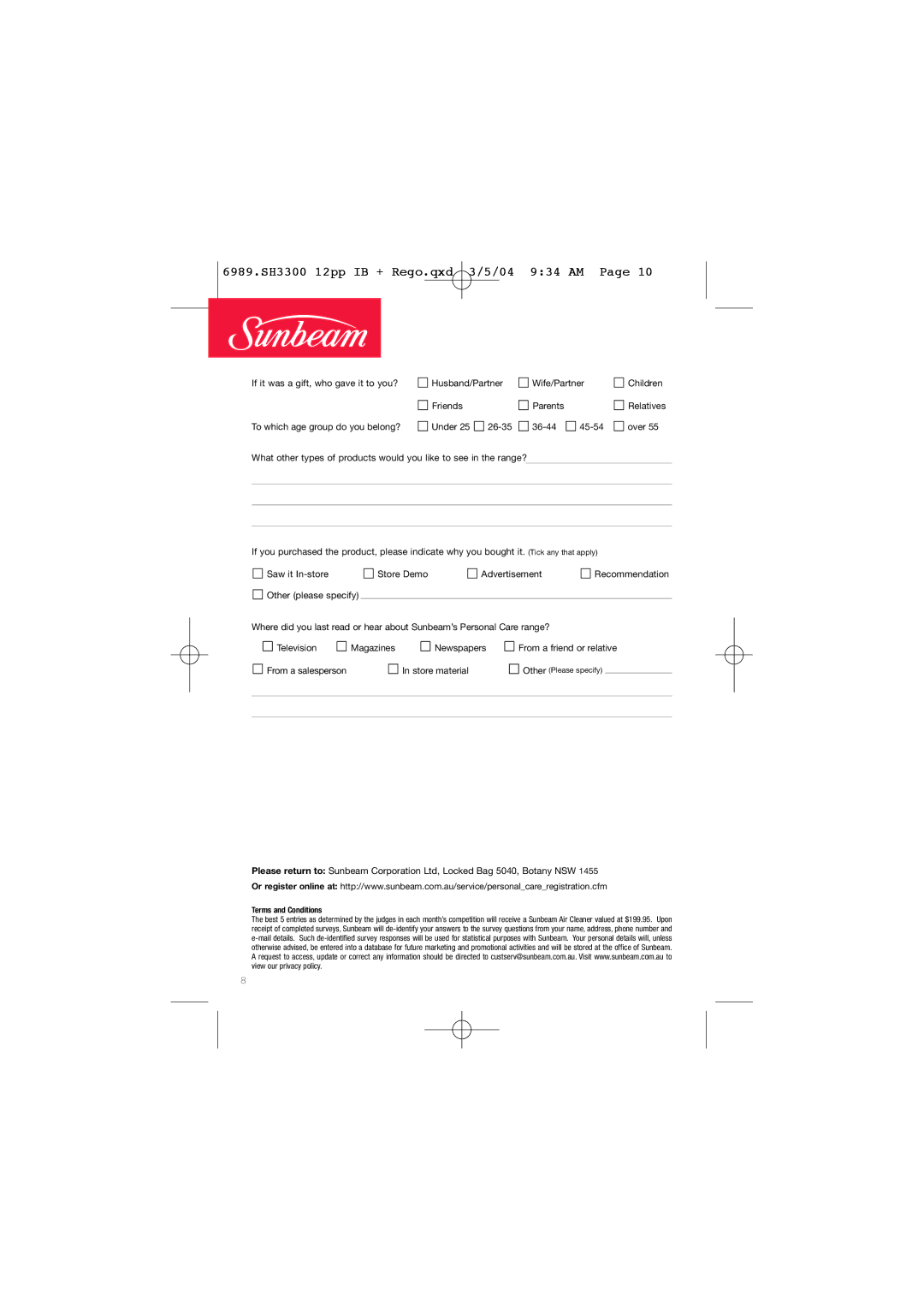 Sunbeam SH3300 manual Terms and Conditions 