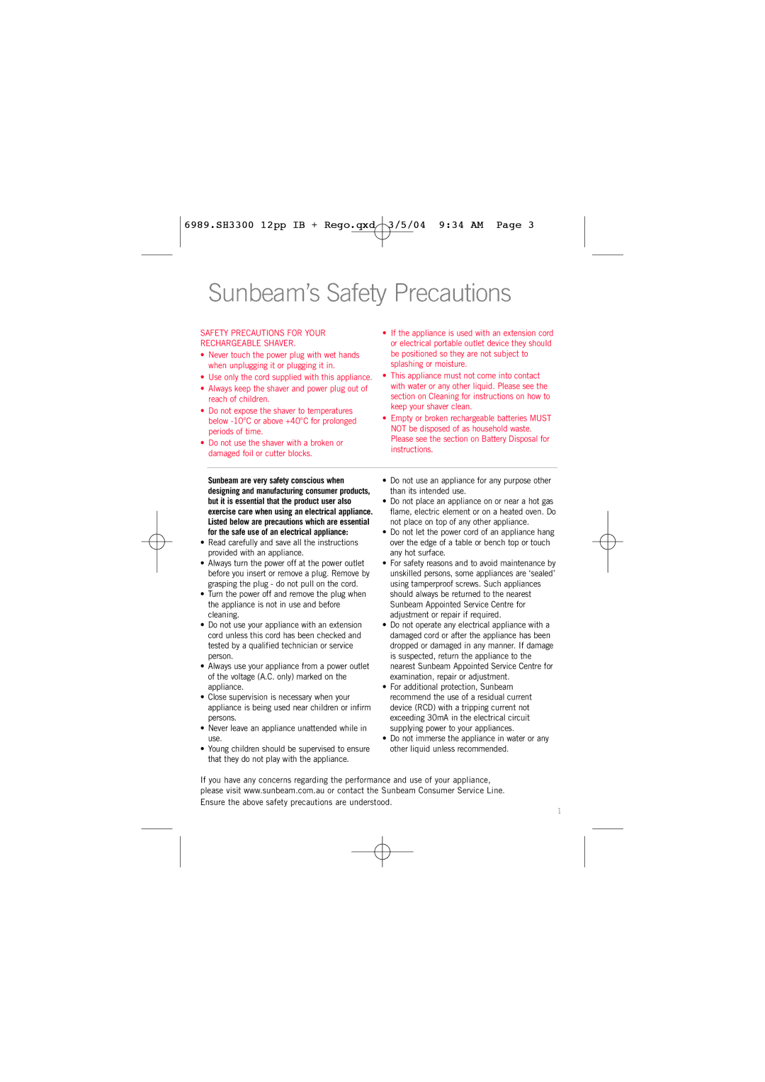 Sunbeam SH3300 manual Sunbeam’s Safety Precautions, Safety Precautions for Your Rechargeable Shaver 