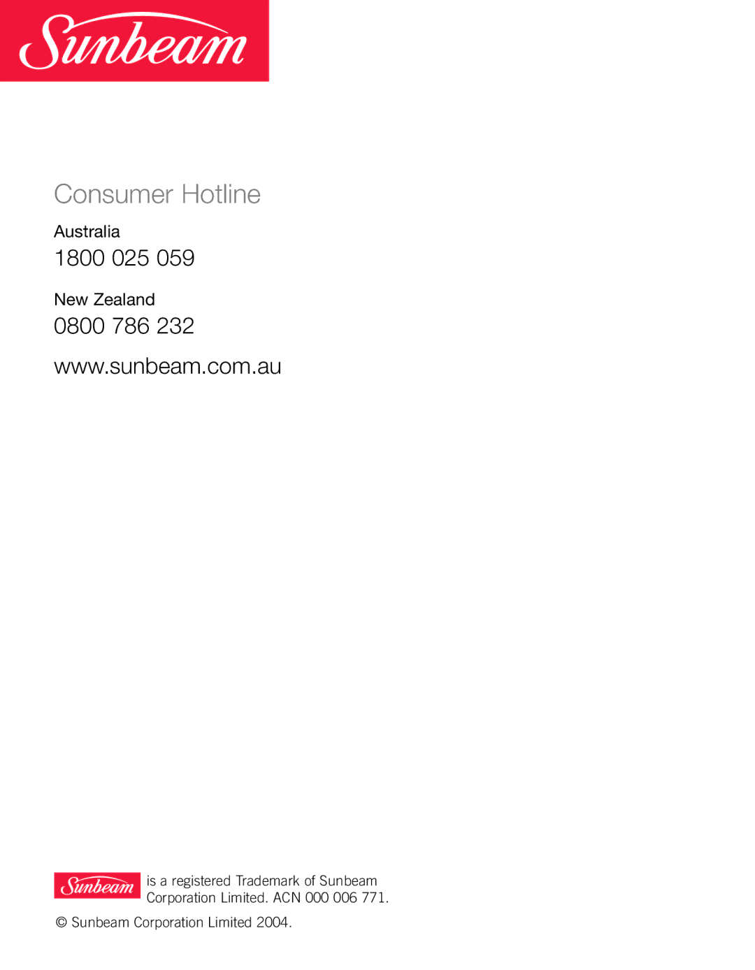 Sunbeam SH3700 manual Consumer Hotline 