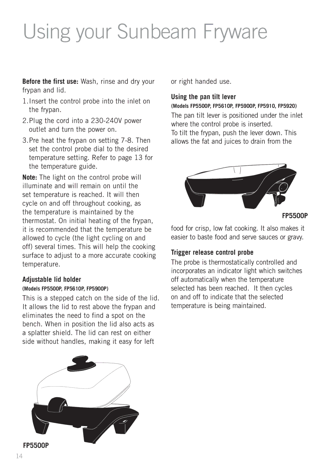 Sunbeam FP5610P, SK4200P, FP5900P, FP5910, FP5920 manual Using your Sunbeam Fryware, Using the pan tilt lever, FP5500P 