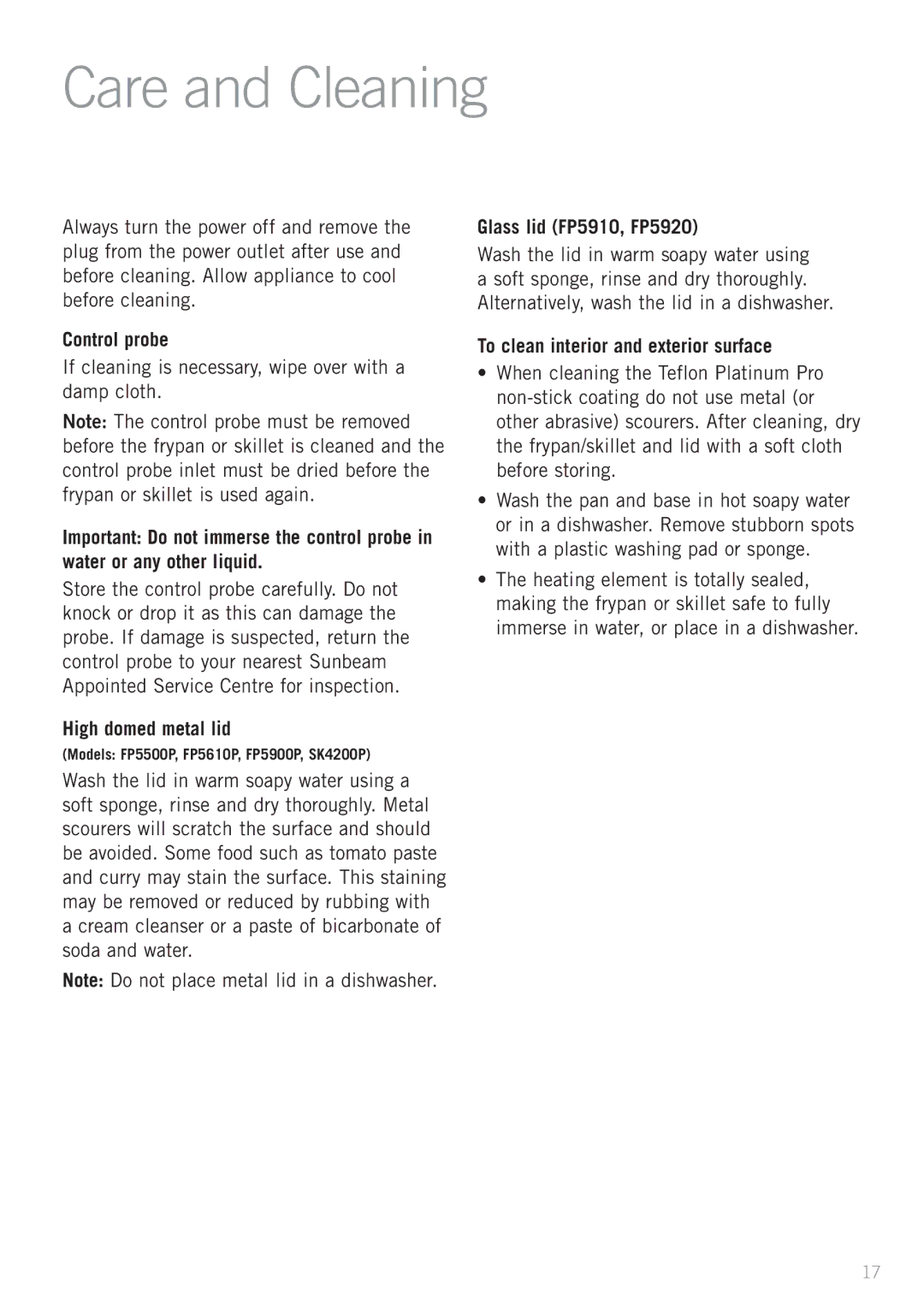 Sunbeam FP5500P manual Care and Cleaning, Control probe, Glass lid FP5910, FP5920, To clean interior and exterior surface 