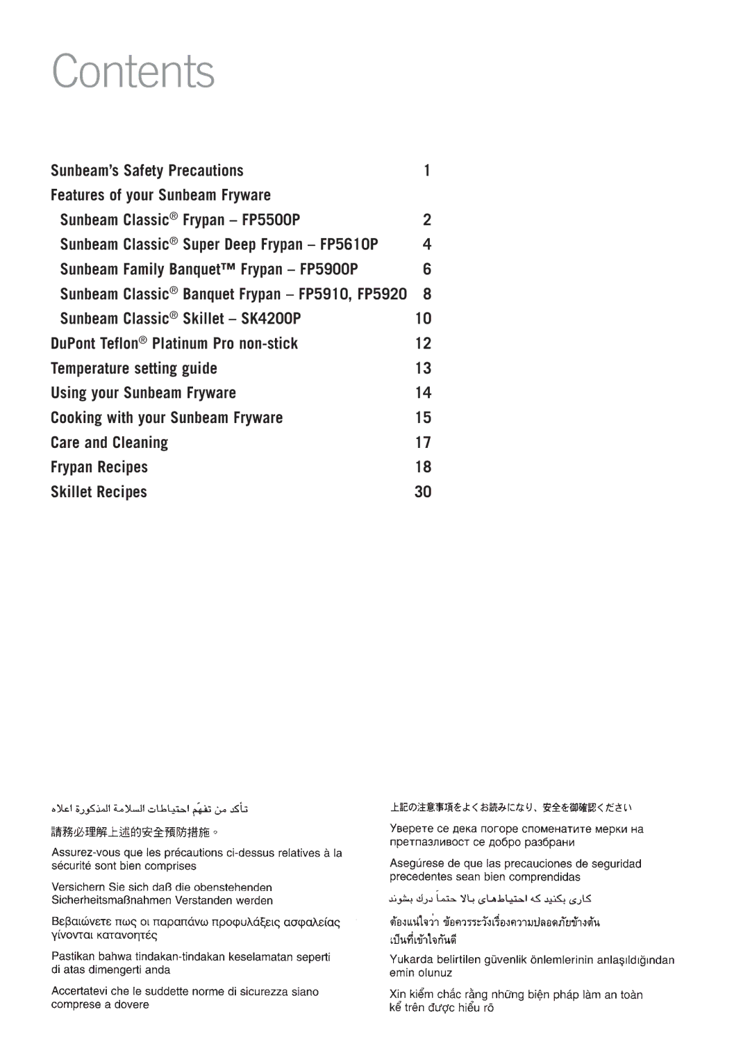 Sunbeam FP5900P, SK4200P, FP5500P, FP5910, FP5610P, FP5920 manual Contents 