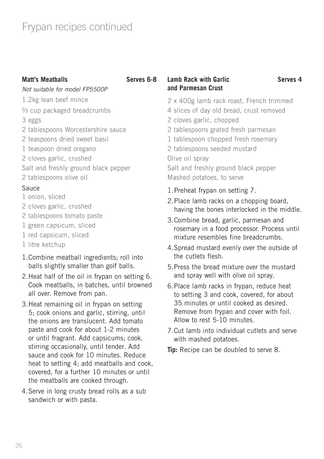 Sunbeam FP5610P, SK4200P, FP5500P, FP5900P, FP5910, FP5920 manual Matt’s Meatballs, Lamb Rack with Garlic, Parmesan Crust 