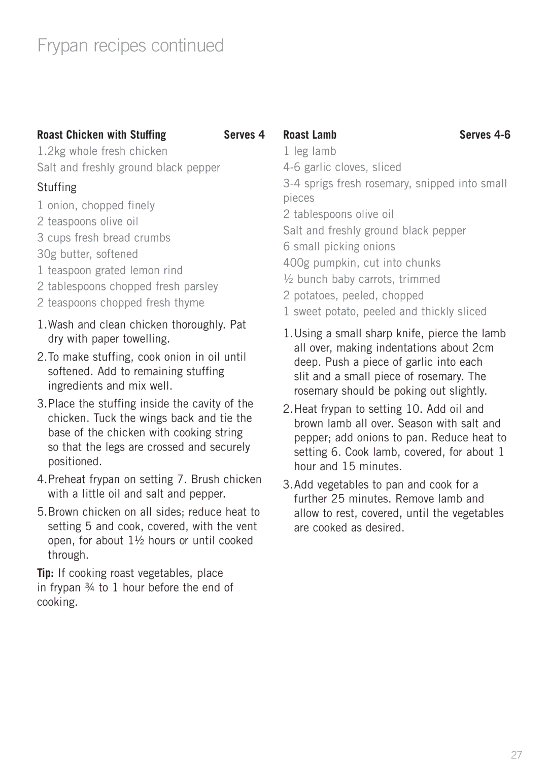 Sunbeam FP5920, SK4200P, FP5500P, FP5900P, FP5910, FP5610P manual Roast Chicken with Stuffing, Roast Lamb 