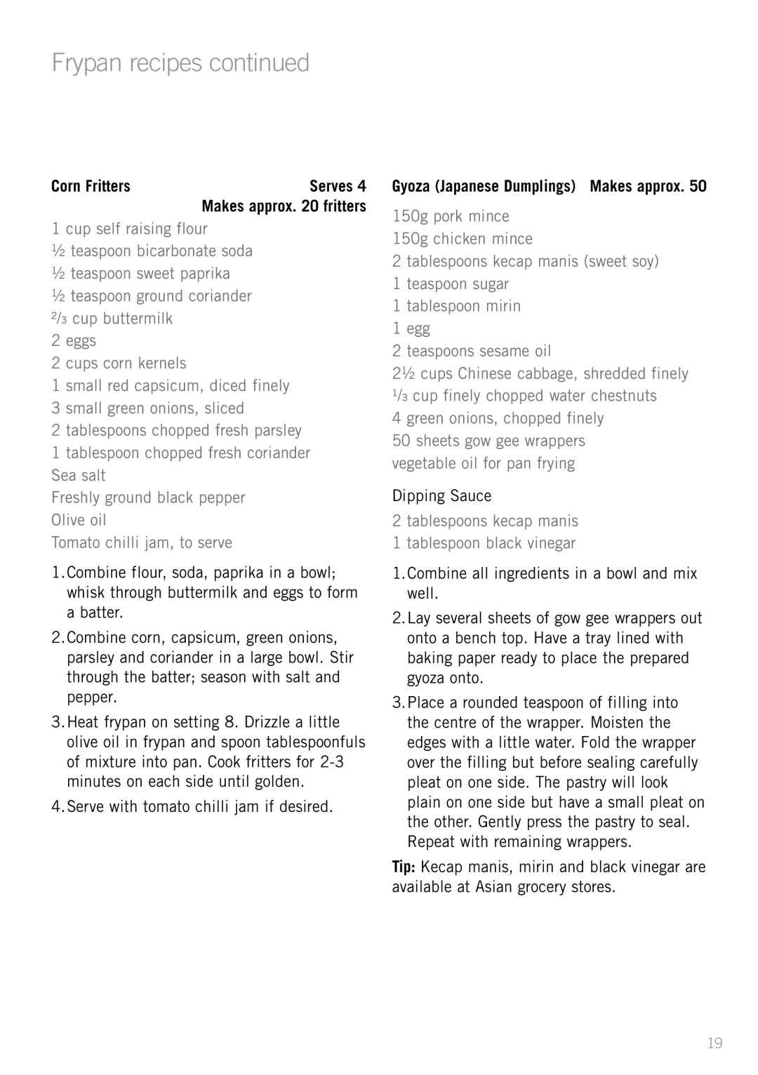 Sunbeam FP5500P, SK4200P, FP5900P, FP5910, FP5610P manual Corn Fritters Serves, Gyoza Japanese Dumplings Makes approx 