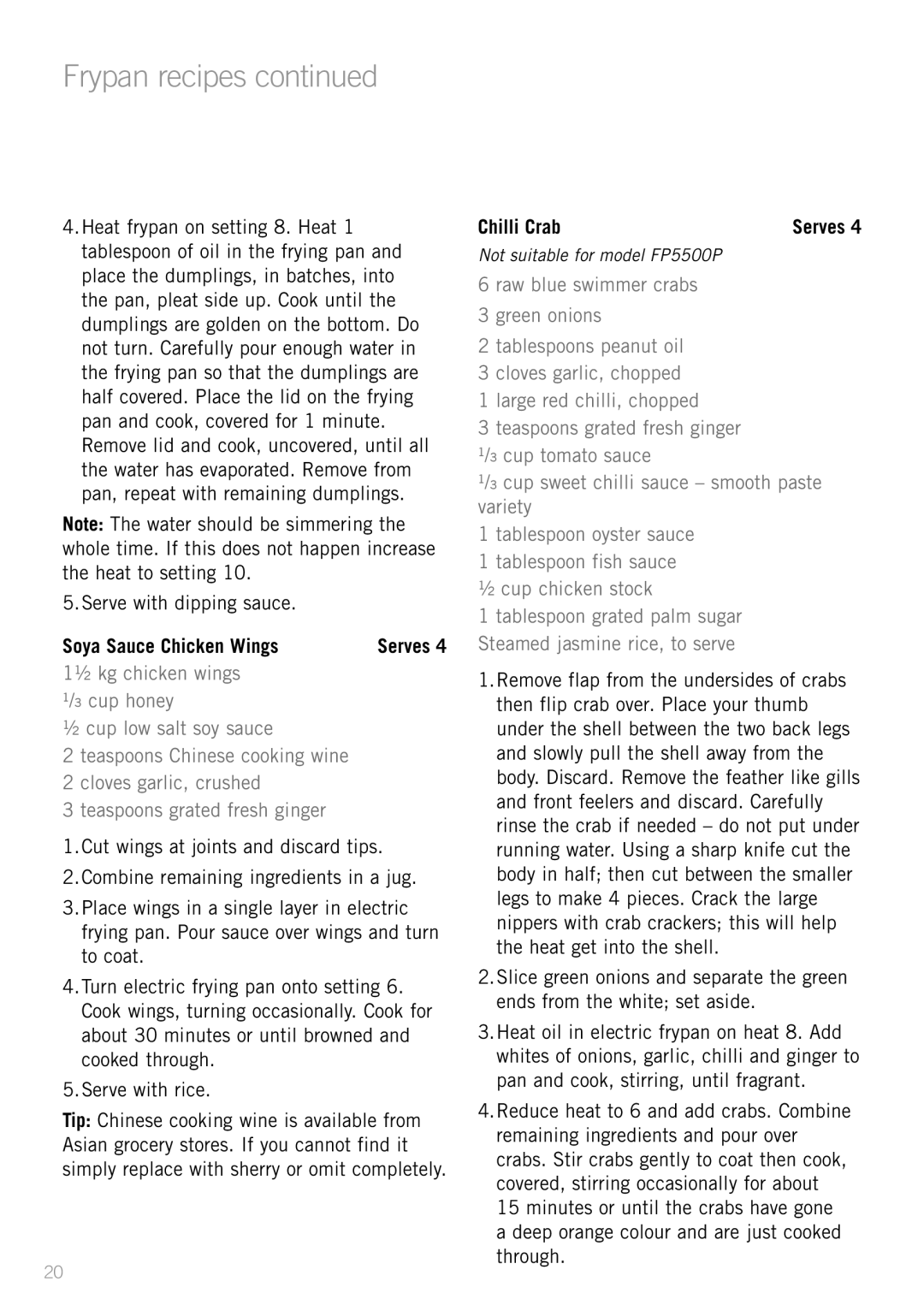 Sunbeam FP5900P, SK4200P, FP5500P, FP5910, FP5610P manual Soya Sauce Chicken Wings, Chilli Crab 