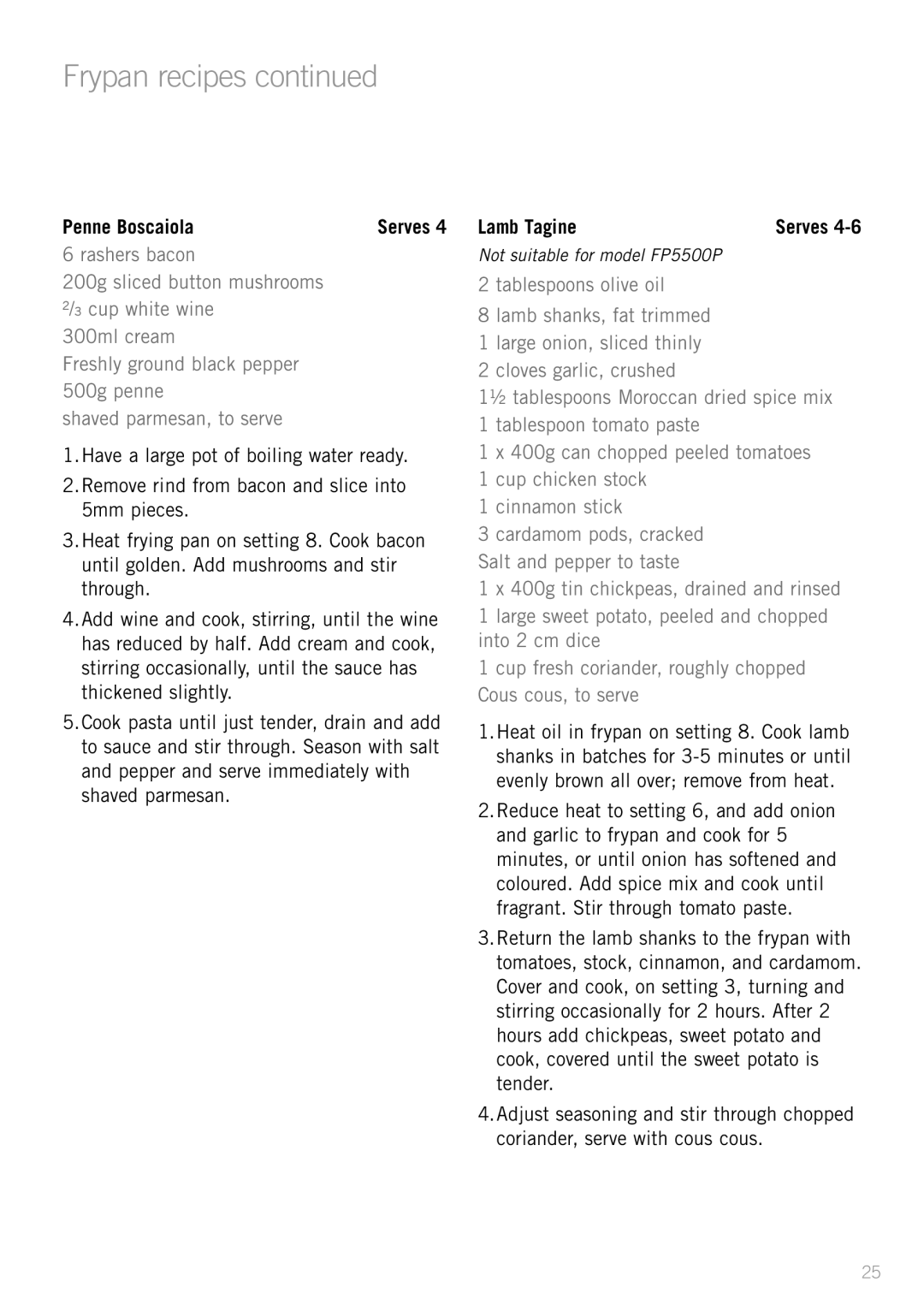 Sunbeam FP5900P, SK4200P, FP5500P, FP5910, FP5610P manual Penne Boscaiola, Lamb Tagine 